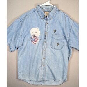 Most Wanted Mens XL Westie Dog American Flag Bandana Denim Short Sleeve Shirt